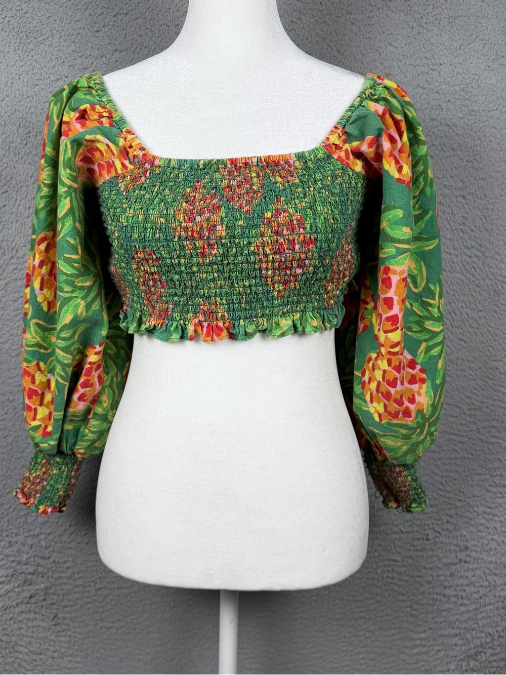 Farm Rio Cropped Top Womens Small Green Pineapple Galore Smocked Puff Sleeves